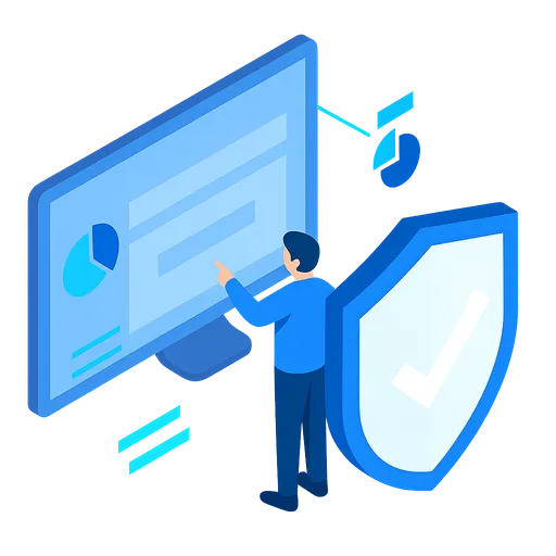 Isometric illustration representing IT8 remotely managing and protecting client systems through secure digital dashboards.